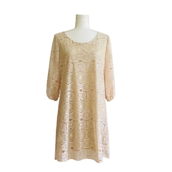 Rachel Kate Cream Pink Lace Overlay 3/4 Sleeve Scoop Neck Mini Dress Medium NEW - Picture 10 of 10
